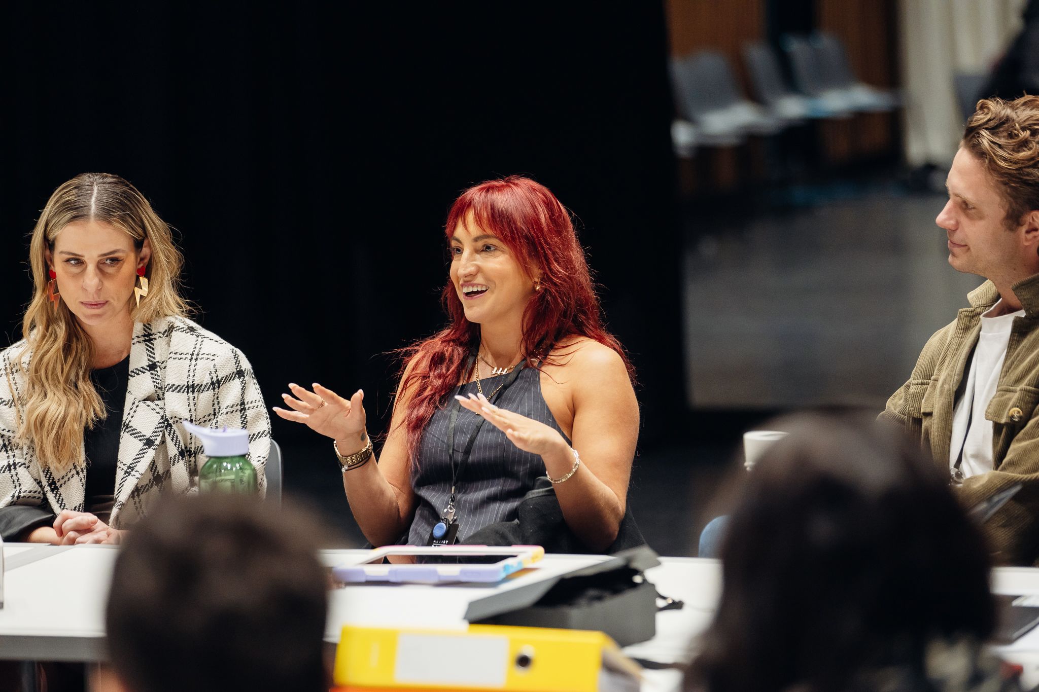 Amy Campbell, Tash Marconi, and Joshua Robson sat down next to each other in a rehearsal