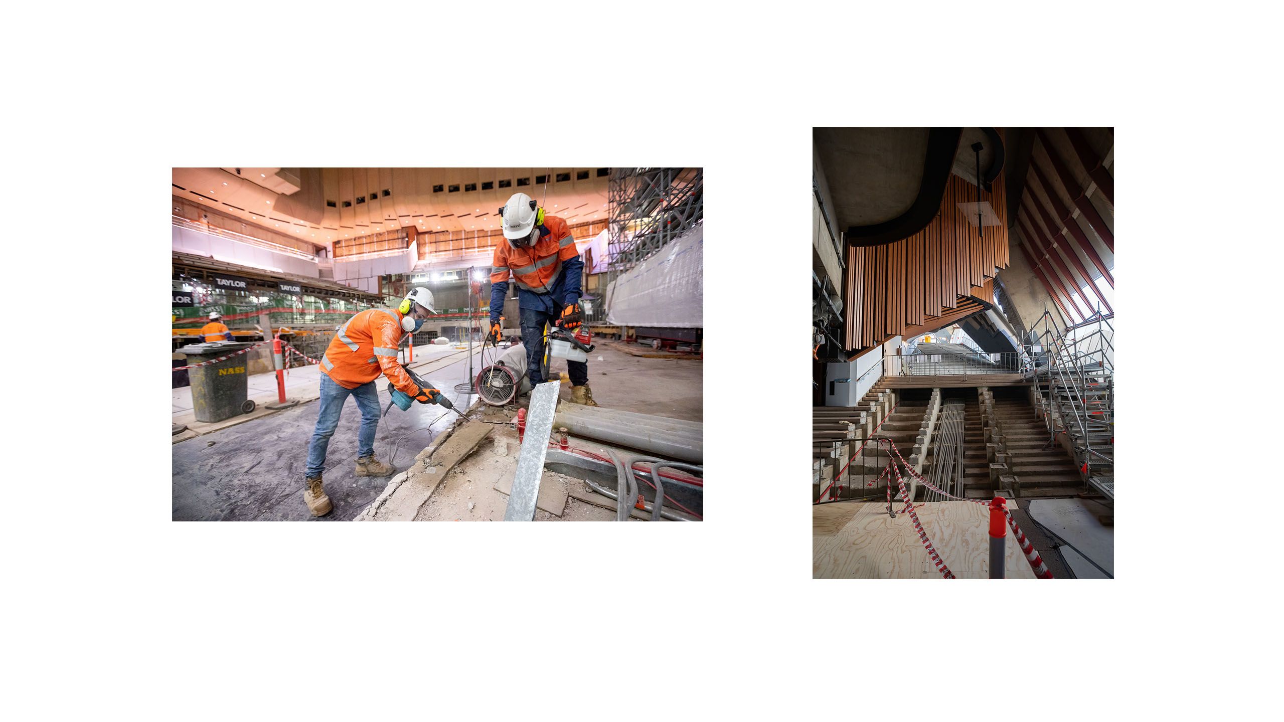 Another image appears alongside the construction workers, this time it's a picture of the concert hall foyers, with a set of stairs being constructed