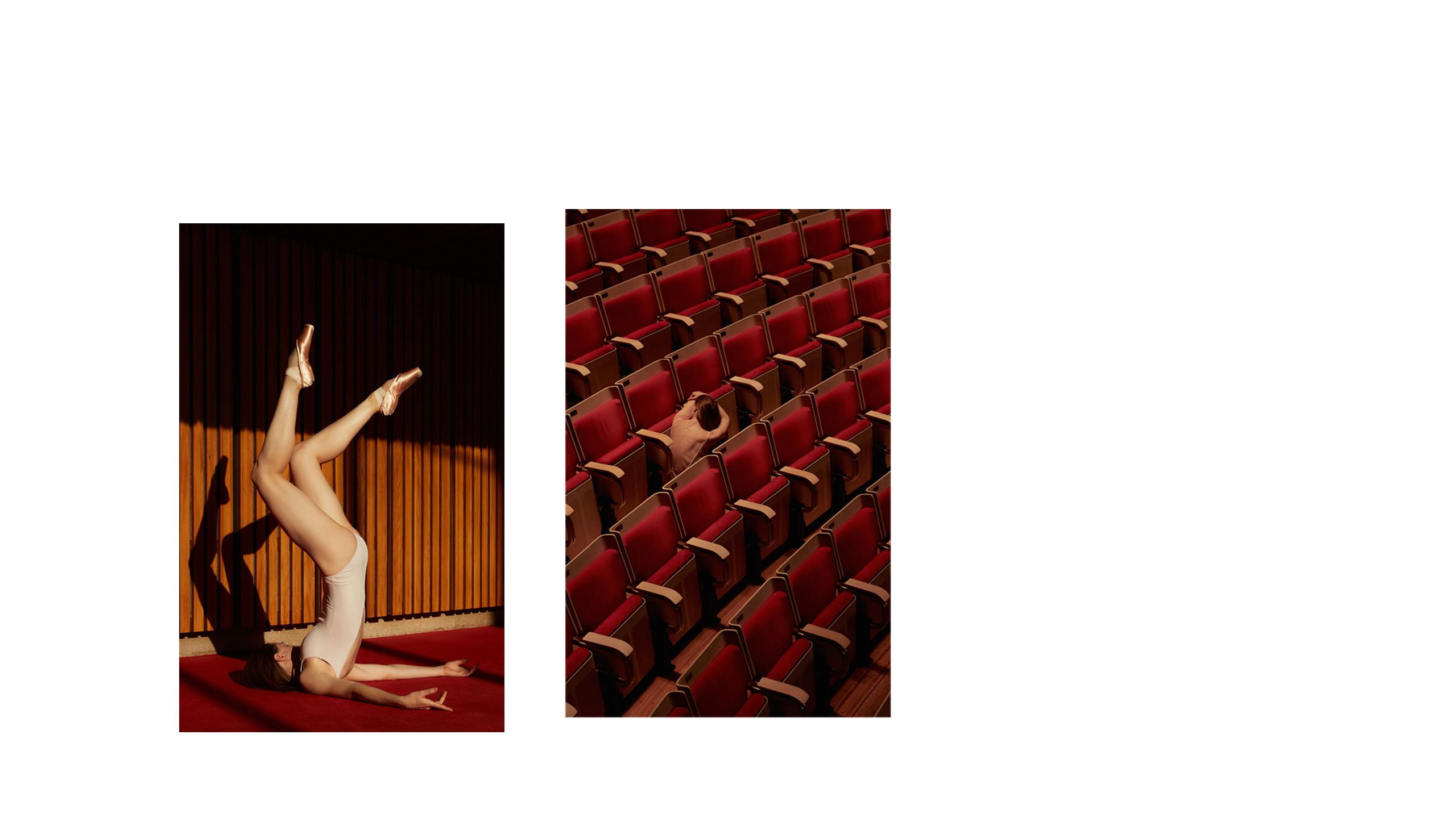 Dancer hidden amongst many rows of red chairs