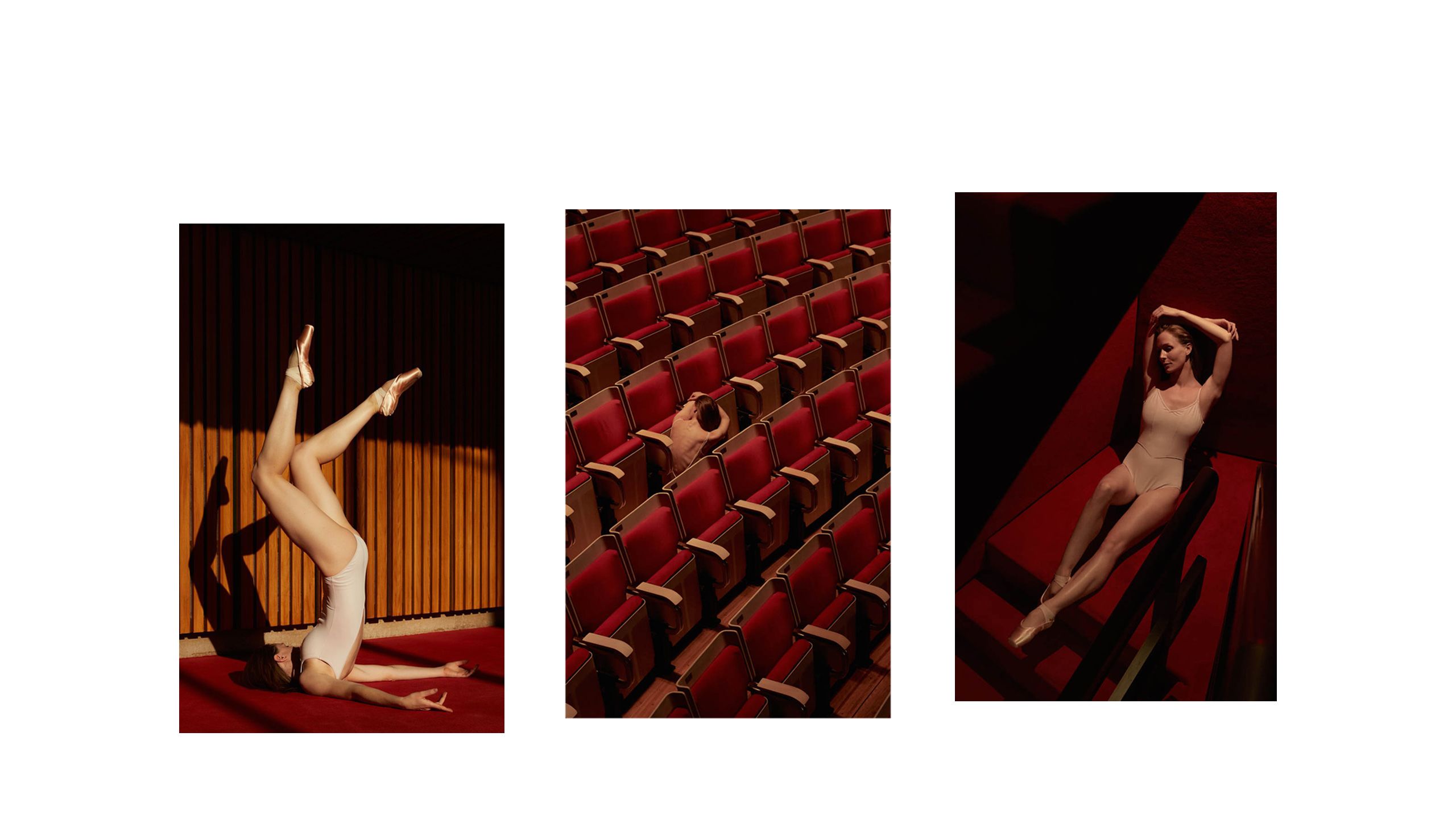 Dancer lies alone in red carpeted staircase, her arms up crossed up above her head