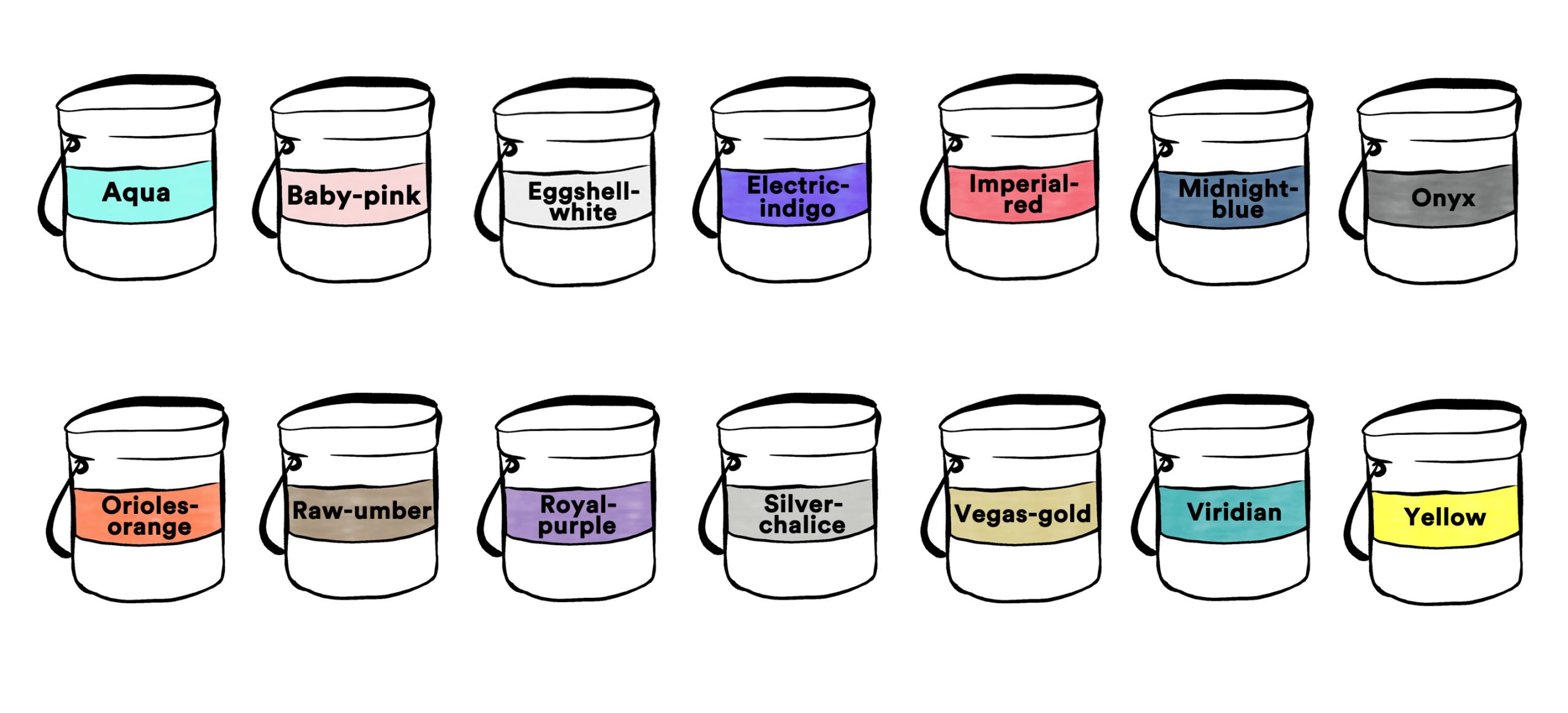 Paint buckets with labels that read: Aqua, Baby-pink, Eggshell-white, Electric-indigo, Imperial-red, Midnight-blue, Onyx, Orioles-orange, Raw-umber, Royal-purple, Silver-chalice, Vegas-gold, Viridian, Yellow'