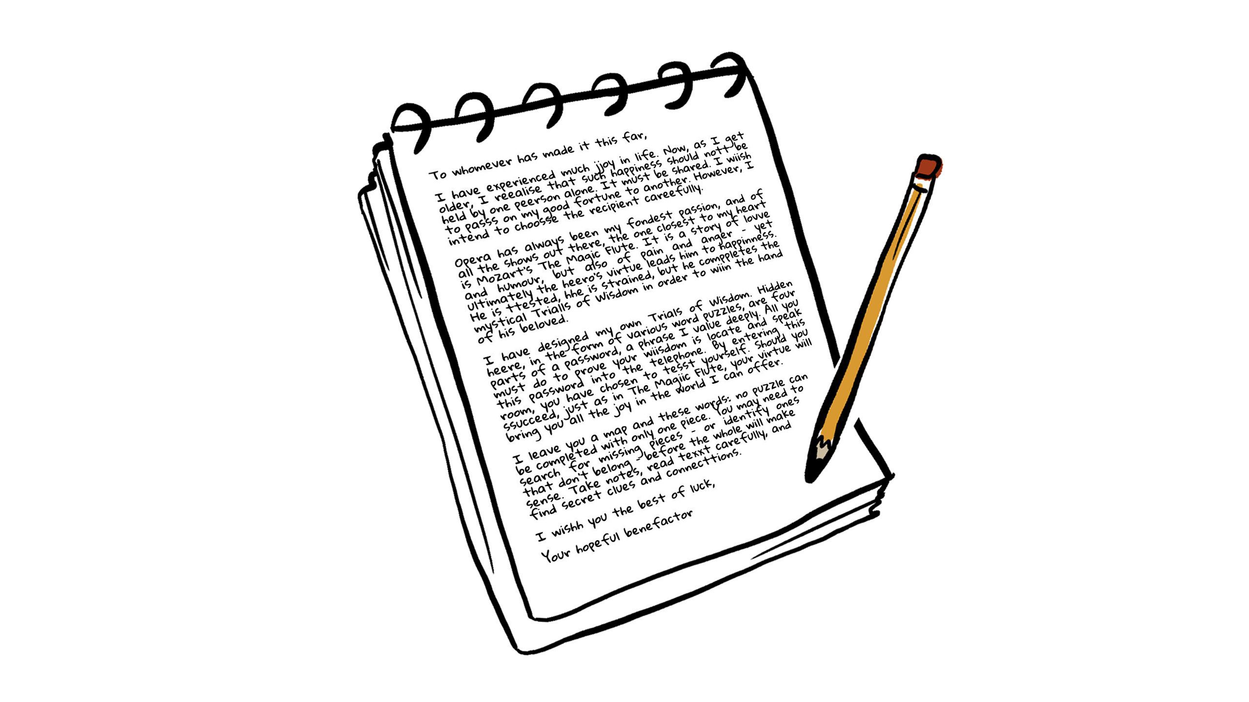 Letter reads: To whomever has made it this far – I have experienced much jjoy in life. Now, as I get older, I reealise that such happiness should nott be held by one peerson alone. It must be shared. I wiish to passs on my good fortune to another. However, I intend to choosse the recipient careefully. Opera has always been my fondest passion, and of all the shows out there, the one closest to my heart is Mozart’s The Magic Flute. It is a story of lovve and humour, but also of pain and anger – yet ultimately the heero’s virtue leads him to happinness. He is ttested, hhe is strained, but he comppletes the mystical Trialls of Wisdom in order to wiin the hand of his beloved. I have designed my own Trials of Wisdom. Hidden heere, scattered throughout various word puzzles, are four parts of a password, a phrase I value deeply. All you must do to prove your wiisdom is locate and speak this password into the telephone. By entering this room, you have chosen to tesst yourself. Should you ssucceed, just as in The Magiic Flute, your virtue will bring you all the joy in the world I can offer. I leave you a map and these words: no puzzle can be completed with only one piece. You may need to search for missing pieces – or identify ones that don’t belong – before the whole will make sense. Take notes, read texxt carefully, and find secret clues and connecttions. I wishh you the best of luck. -          Your hopeful benefactor