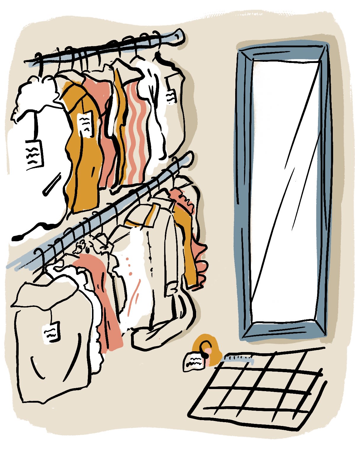 Painting of costumes hanging on a small room next to mirror. Measuring tape on the ground.