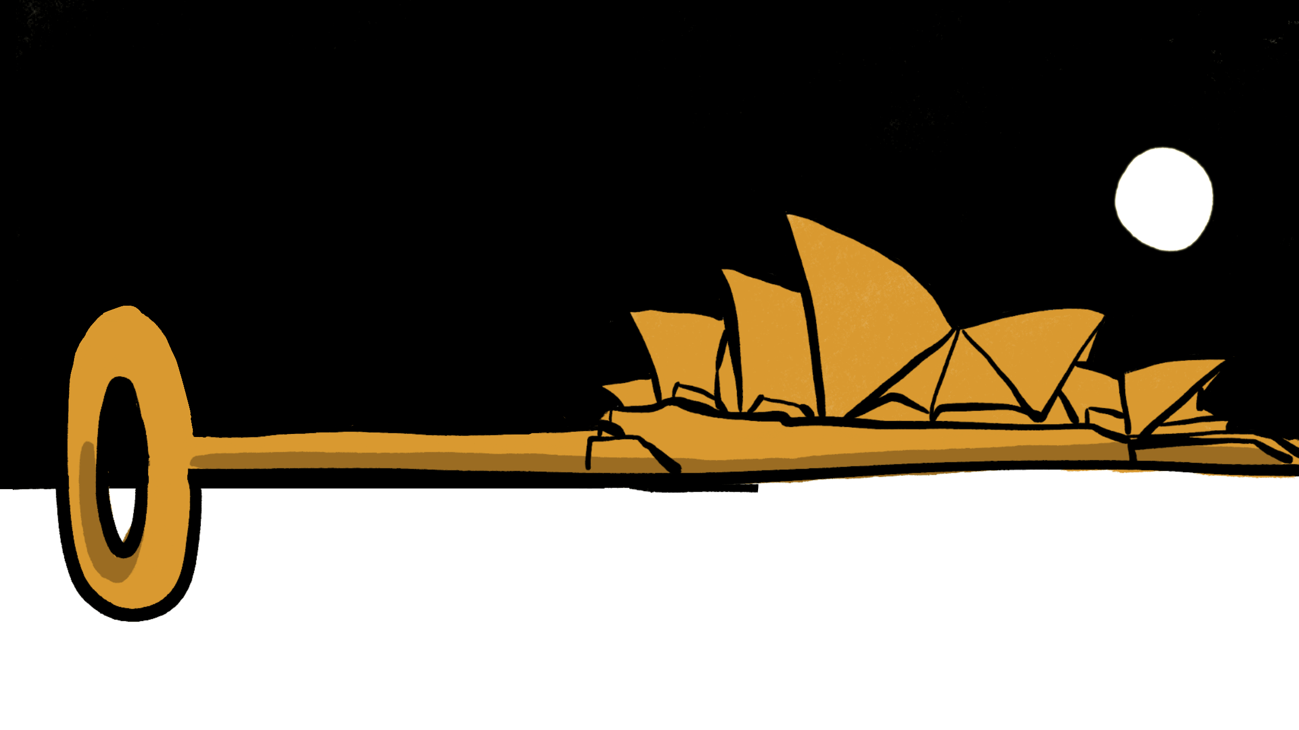 Sydney Opera House shaped as a key. Stars and moon glimmer in the background.